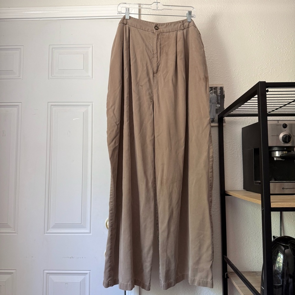 Reformation tan tencel lyocell wide straight leg pleated front trousers pants